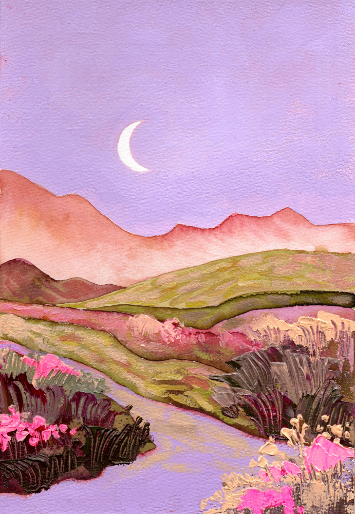 Lilac Sky and Moon Over Flowery Pink Green Fields Landscape — artwork by Ekaterina Prisich