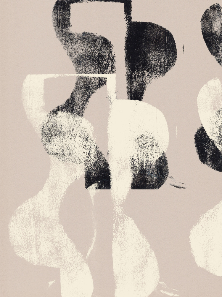 Tango. Organic shapes in black and white on neutral beige. — artwork by Dina Dankers