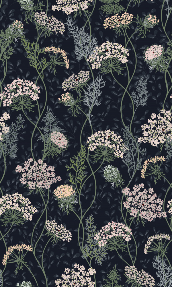 Wildflower meadow Queen Anne's lace nocturnal blue pattern — artwork by Annick