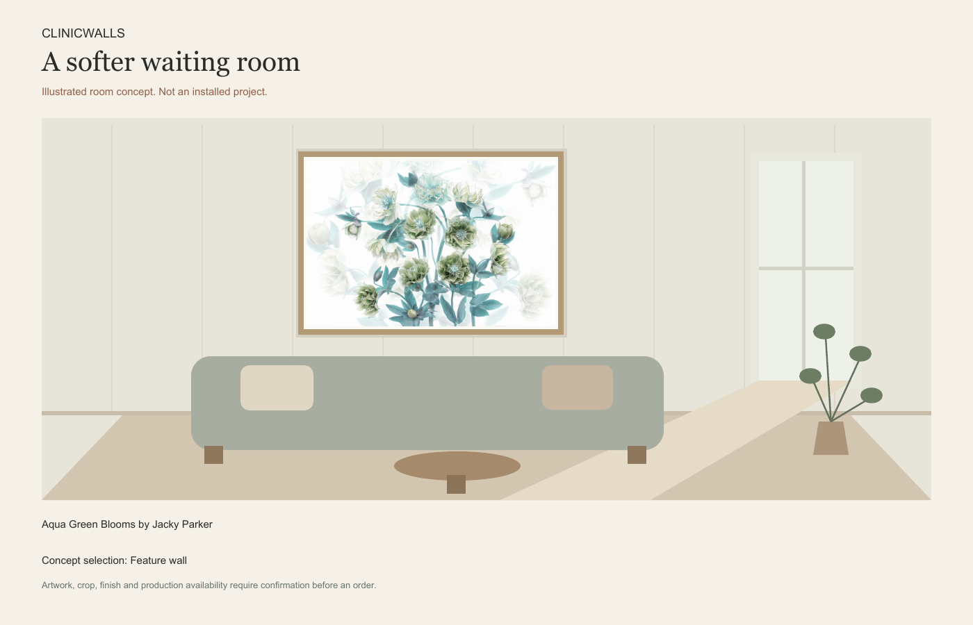 Illustrated dental waiting room concept featuring Aqua Green Blooms by Jacky Parker.
