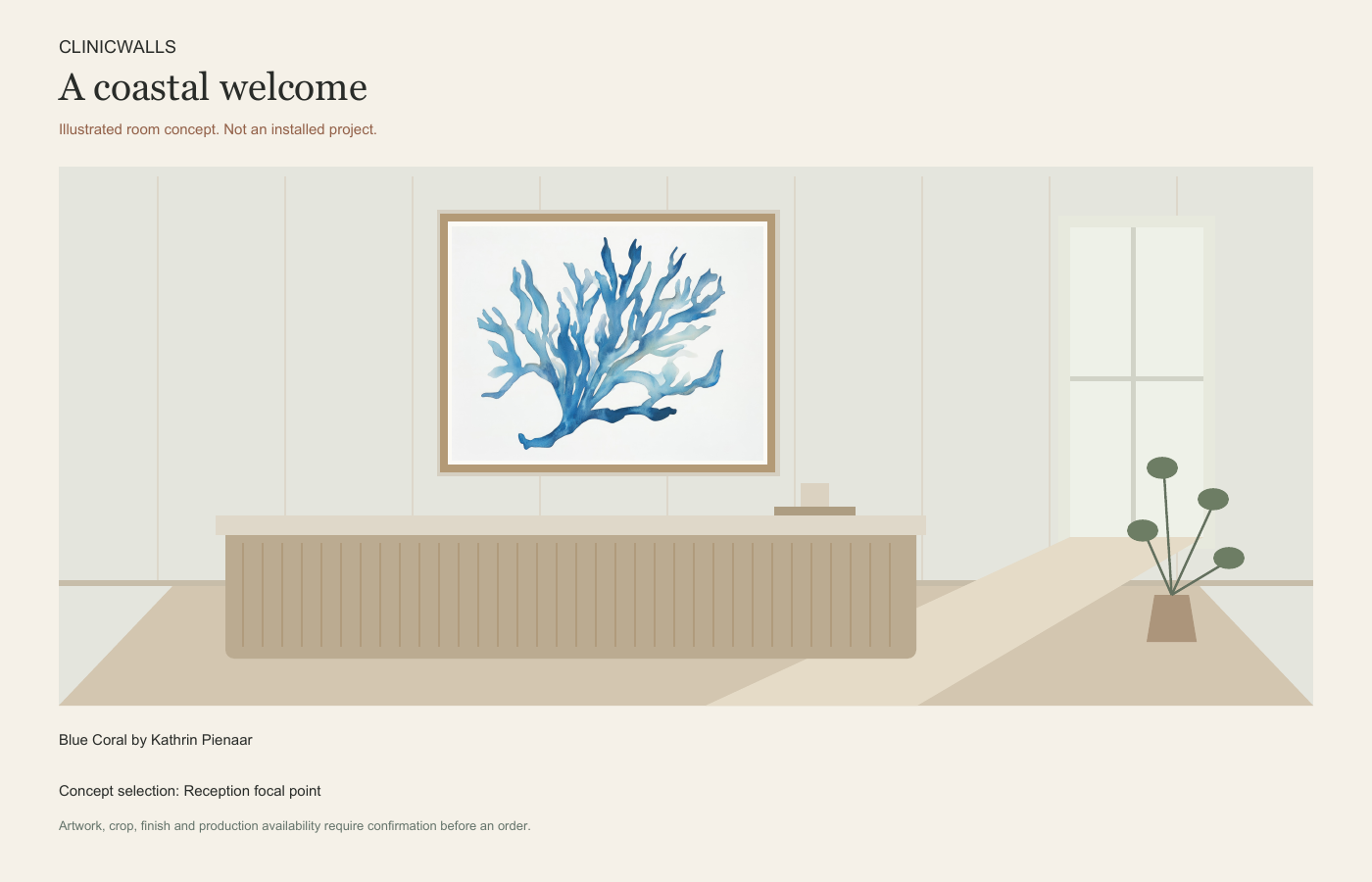 Illustrated dental reception concept featuring Blue Coral by Kathrin Pienaar.