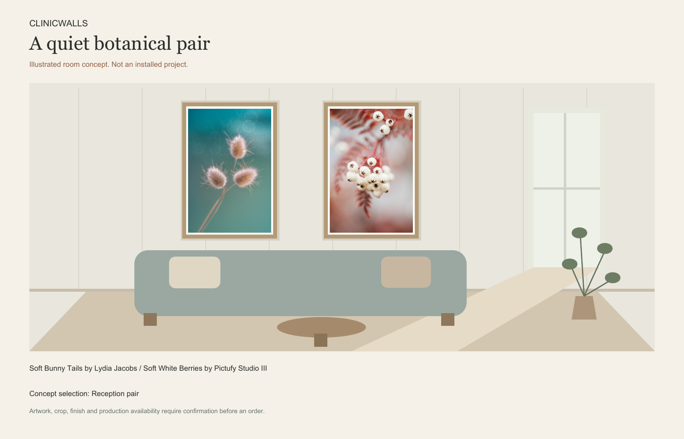 Illustrated consultation room concept featuring Soft Bunny Tails by Lydia Jacobs and Soft White Berries by Pictufy Studio III.