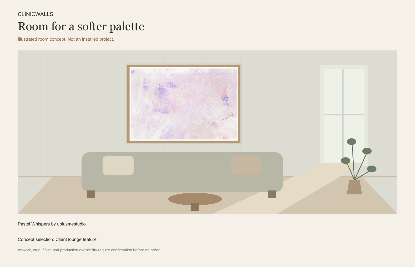 Illustrated lounge concept featuring Pastel Whispers by uplusmestudio.