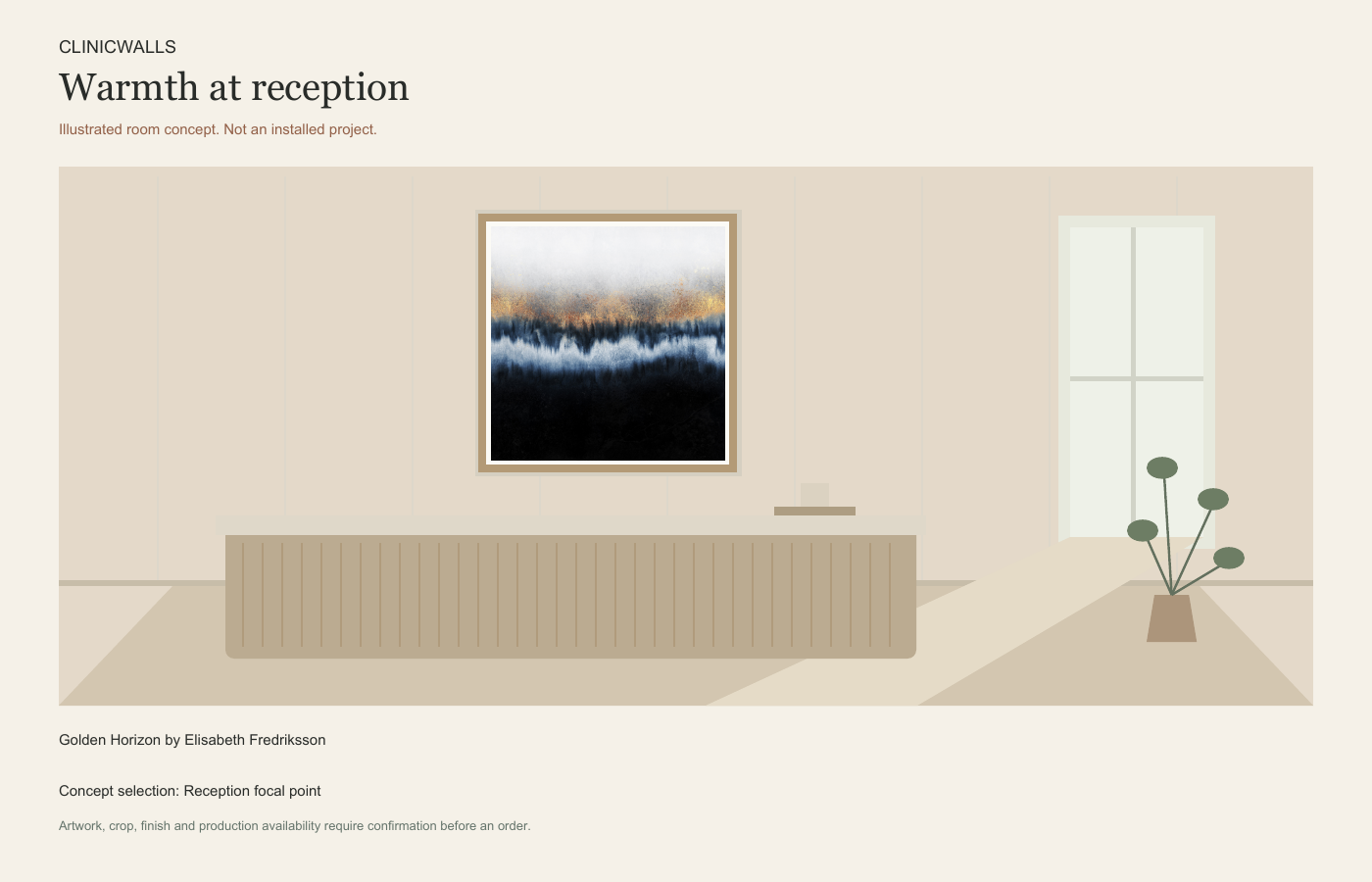 Illustrated medspa reception concept featuring Golden Horizon by Elisabeth Fredriksson.