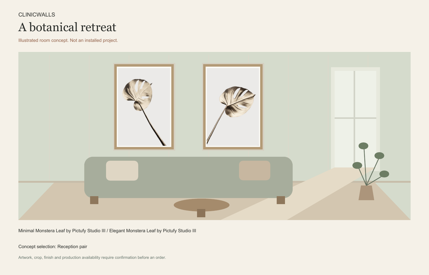 Illustrated interior concept featuring Minimal Monstera Leaf and Elegant Monstera Leaf by Pictufy Studio III.