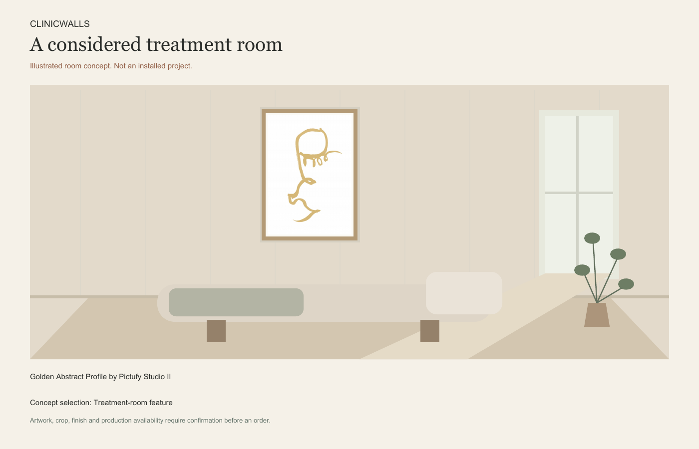 Illustrated treatment room concept featuring Golden Abstract Profile by Pictufy Studio II.